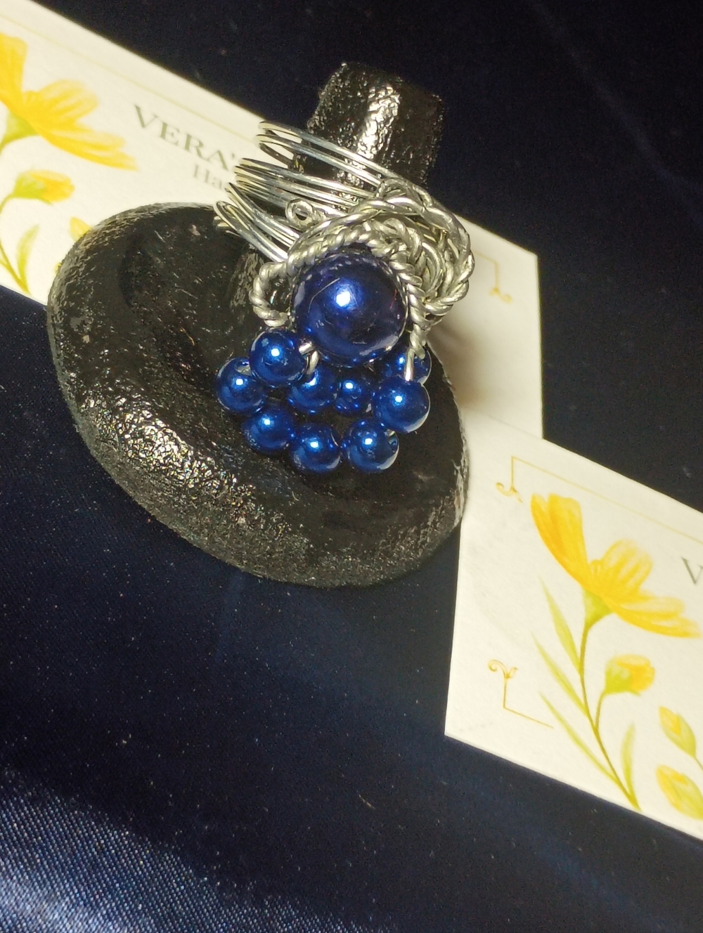 Handmade Silver Wire Ring with Blue Bead Cluster